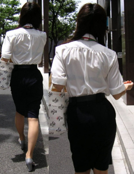 【OL透けブラ盗撮エロ画像】OLのブラウス越しに見えてる下着の色気が桁違い…思わず尾行するわ！の画像