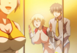 【エロアニメ】外で生徒がいるにも関わらず窓際で爆乳美少女に立ちバックセックスする♥の画像
