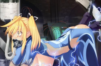 金髪ツインテで巨乳の対魔忍「紅」を拘束してタンクに入ったザーメンを飲ませ巨大マシンバイブで二穴を機械姦調教の画像