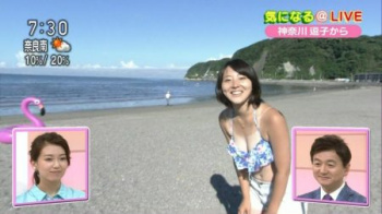 テレビで巨乳素人が日焼け跡バッチリのビキニ姿をさらすwwwww【画像】の画像