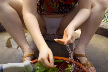 パンツ(シミ付)丸出しで野菜を洗う女性の動画の画像