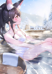 【温泉】露天風呂に浸かってポカポカ暖かそうな女の子の二次画像の画像