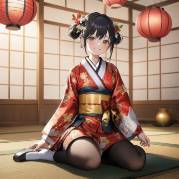 【画像生成AI】裾が短い和服姿で黒タイツを履いた女の子の二次AI画像の画像