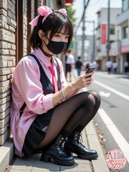 【黒スト】道端に腰を下ろしてる地雷系黒タイツ女子の三次風画像【AI写真】の画像