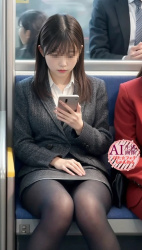 【黒タイツ】電車で座ってる黒ストOLさんを正面から撮影した三次盗撮風画像【AI写真】の画像