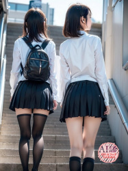 【JK】階段を上ってる女子校生ちゃんを後ろから撮った三次盗撮風画像 ニーハイソックス編【AI写真】の画像