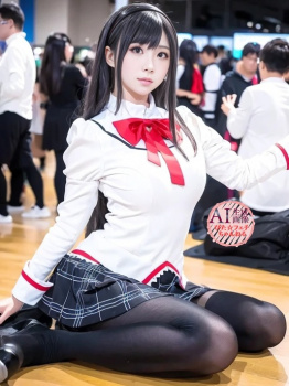 【まどマギ】黒タイツの暁美ほむらちゃんコスプレをしてるコスプレイヤーさんを撮影させてもらった三次風画像【AI写真】の画像