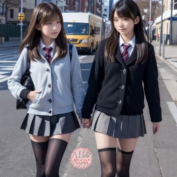 【絶対領域】黒のニーハイソックスやストッキングを履いた女子校生を街撮りした三次盗撮風画像【AI画像】の画像