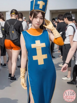 【DQ3】女僧侶の恰好をしたコスプレイヤーさんの画像生成を試みたら、インナーの全身タイツを脱いじゃった三次風画像【AI画像】の画像