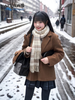 【黒ストJK】雪の街を登下校する女子校生ちゃんは黒タイツで防寒できてえらい三次風街撮り画像【AI画像】の画像