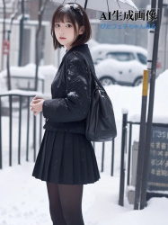 【黒ストJK】雪の街を登下校する女子校生ちゃんは黒タイツで防寒できてえらい三次風街撮り画像 part6【AI画像】の画像