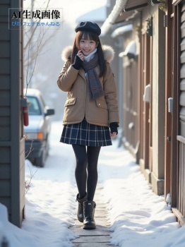 【街撮り】雪の街で撮影された黒タイツ黒パンスト女子画像【AI画像】の画像