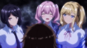 【エロアニメ】もう出しちゃったの？童貞ちんちん早漏だ！早すぎない？ギャル三人に見守られながら彼女と初体験をしたけどめっちゃ詰められる！の画像