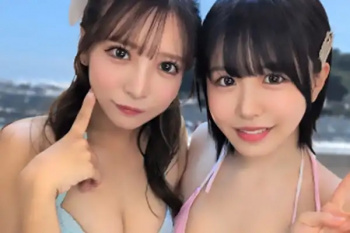 ナンパ待ち美女2人に手玉取られヴィラで前後左右死角なし責め！耳舐めWフェラレズプレイで煽られノンストップ奪い合い→中出し専用精子ドックドク！の画像