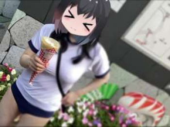 ブルマ体操服姿でリモコンバイブ挿入！ノーブラ散歩する巨乳露出狂痴女！オマンコの快感に耐えながらクレープ食べるの画像