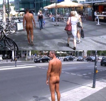 ゲイ動画 全裸で街中を歩く男性に周りの人々が…の画像