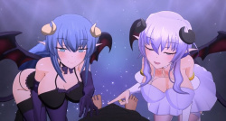 [エロアニ]可愛い淫魔ちゃん達にチ〇コ扱かれて気持ち良さそう！スタイル抜群の美女がスケベいとかたまらんわぁ♡の画像