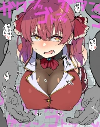 宝鐘マリン｢あぁ〜〜〜〜♥ち…乳首がぁ…起っちゃったぁ…♥｣壁尻状態のマリンが乳首だけを執拗にカリカリされて服越しにわかるくらいビンビンに乳首勃起しながらオホ声上げちゃうww【宝鐘マリン エロマンガ 壁尻】の画像