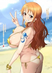 ナミ｢ちょっとぉ…♥濃いの射精しすぎ…♥｣ナミが1シーズンおまんこ妻として貸し切られビーチでマイクロビキニを着たまま見せつけるように犯されどっぷり中出しされてしまうww【ワンピース エロ画像 おすすめ】の画像