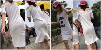 女性の尻を凝視してたら透けパンチラにパン線までエロかったの画像