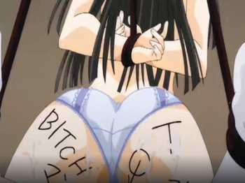 ［すけアニ］清純派そうなデカぱい美少女が身体中に落書きされまくってアクメ顔！？緊縛プレイで吊るされたままチン起ちチンポをねじ込まれる！！の画像