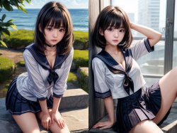 黒髪ミディアムヘア女子が女子校生セーラー服から胸の谷間や着衣おっぱいが見える実写・リアル系AIエロ画像(その1)の画像