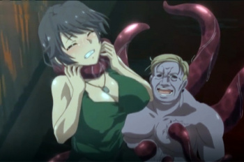 服の隙間から入り込み秘部を激しいく責め立てる触手…穴と言う穴から侵入し体内で大量に射精！犯される美女?の画像