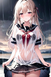 雨でびしょ濡れの女子校生の画像