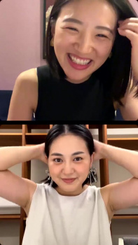 東留伽アナと塚本麻里衣アナ 二人揃ってノースリ脇全開で白黒の肩紐がハミ出す!!の画像
