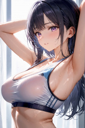 乾く前に見てほしい。汗をまとった腋さらし巨乳スポブラ女子というエロすぎる現象。の画像