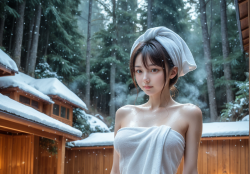 雪と露天風呂と女の子の画像