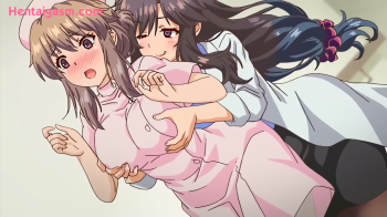 主人公を挑発するように、彼の幼馴染ナースの巨乳を揉んで見せつける女医・・・ 無料エロアニメの画像
