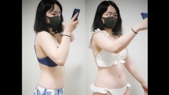 [昼・クライム動画] 色白美巨乳の女子大生 水着試着隠し撮り 着替え【素人 流出】＜試着室盗撮＞の画像