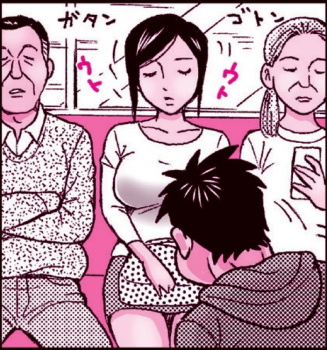 縦漫画・電車の中で寝たふりをして巨乳おっぱいを触るおっさんの画像