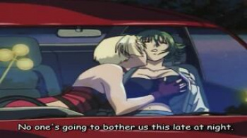 【エロアニメ】二人の女がパトロール中だっていうのに車の中でレズセクロスし始めちゃった…ベロチューしながらパンツにそっと手を忍ばせて手マンの画像