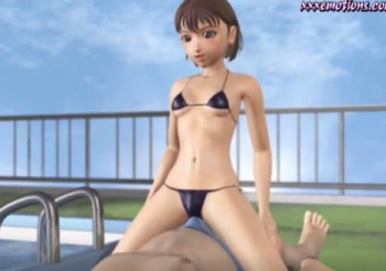 ［3Dエロアニメ］ショートカットのマイクロビキニお姉さんがプールサイドでハメハメされて悶絶の画像