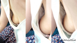 【eros1823乳首チラ盗撮】胸元から丸いおっぱいと若干、乳首と乳輪を盗撮される細身で白い肌のお姉さんの画像