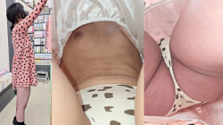 【eros2651乳首チラ・パンチラ】ワンピの中にカメラを入れられ黒ハート柄のクリーム色Pとノーブラおっぱいの茶色乳首を撮られちゃう若い娘の画像