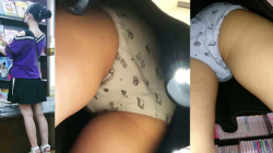 【upskirt2872逆さ撮り】プリント柄の白綿Pを逆さ撮りされるプリプリの太ももがエロい若い娘の画像