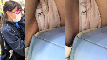 【eros2927座りパンチラ】おマ●コがギリギリ隠れている状態の白地の柄Pを椅子に座った状態で真下から撮られるショーパン女子の画像