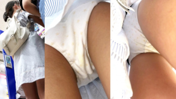 【upskirt3223逆さ撮り】シミのある黄色い星柄白綿Pを撮られちゃう青白ストライプワンピの若い娘の画像