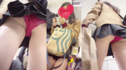 【upskirt3299逆さ撮りJK】縁がレースのアダルティーなラズベリーレッドPを追い撮りされる白い太もものプリプリ感がエロいJKの画像