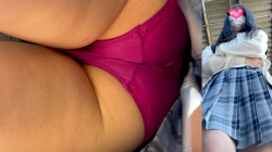 【upskirt3321逆さ撮りJK】お股にフィットする紫Pを前後ろから長時間撮られちゃうプリケツ具合と太ももがエロいなかなかに美人なJKの画像