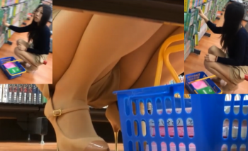 【パンチラHD盗撮】ちょいつんけんしてそうなJD?OLさんかな？しゃがみパンツからのはみ出しパンチラ盗撮の画像