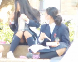 地べた座りで友達とお昼ゴハン中の女子校生たちを望遠撮の画像