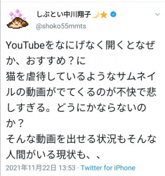 【悲報】中川翔子「YouTubeがなぜか私に猫虐待動画をオススメしてくる」の画像