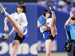 プロ雀士岡田紗佳が始球式で豪快な股間丸見え足上げパンチラの画像