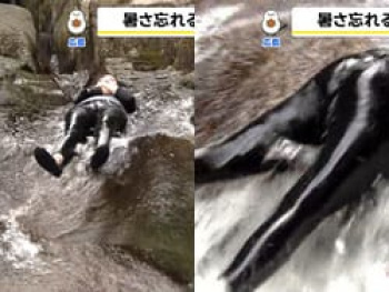 THE TIME’で田村友里アナ、滝すべり挑戦で濡れデカ尻と乳首勃つ放送事故の画像