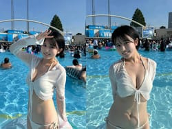 お笑いコンビ完熟フレッシュの池田レイラがえっちな巨乳白水着姿を晒すの画像