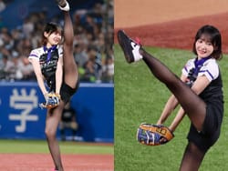 役満ボディー雀士の岡田紗佳が始球式で短パン足上げ隙間白パンチラの画像